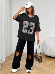 SHEIN PETITE Pink Mesh Women's Printed T-Shirt Jersey Street Girl,Petite Women - Black - View 5