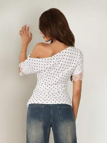 SHEIN ICON Women's White And Black Polka Dot Print Asymmetric Shoulder Contrast Lace Fashion Sexy Top Night Out Summer - White - View 2