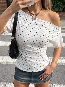 SHEIN ICON Women's White And Black Polka Dot Print Asymmetric Shoulder Contrast Lace Fashion Sexy Top Night Out Summer - White - View 3