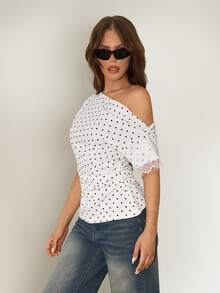 SHEIN ICON Women's White And Black Polka Dot Print Asymmetric Shoulder Contrast Lace Fashion Sexy Top Night Out Summer - White - View 5