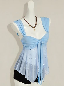 SHEIN ICON Shiny Fabric Asymmetrical Mesh Hem Women Tank Top - Baby Blue - View 6