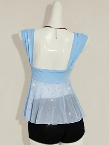 SHEIN ICON Shiny Fabric Asymmetrical Mesh Hem Women Tank Top - Baby Blue - View 2