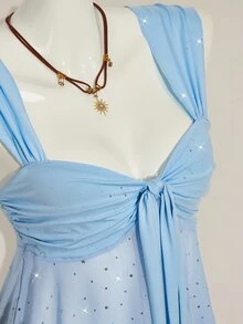 SHEIN ICON Shiny Fabric Asymmetrical Mesh Hem Women Tank Top - Baby Blue - View 7