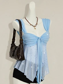 SHEIN ICON Shiny Fabric Asymmetrical Mesh Hem Women Tank Top - Baby Blue - View 5