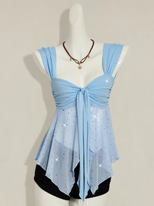 SHEIN ICON Shiny Fabric Asymmetrical Mesh Hem Women Tank Top - Baby Blue - View 9