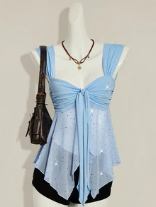 SHEIN ICON Shiny Fabric Asymmetrical Mesh Hem Women Tank Top - Baby Blue - View 3