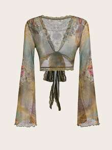 SHEIN ICON Y2K Grunge Hippie Floral Print Tie Front Mesh Top - Multicolor - View 2