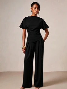 COSMINA Women's Casual Elegant Basic Top And Pants 2 Pieces Set - Black - View 3