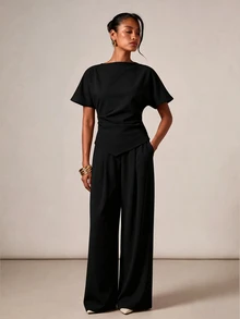 COSMINA Women's Casual Elegant Basic Top And Pants 2 Pieces Set - Black - View 4