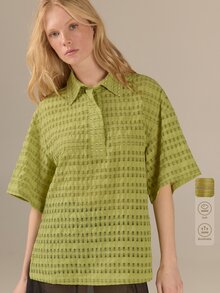 KÆRIA Hus 學院風熱帶休閒方正襯衫－紋理梭織－橄欖綠－側板設計，雙件組，日常旅行度假、工作日穿著，現代度假風 - 綠色 - 查看 1