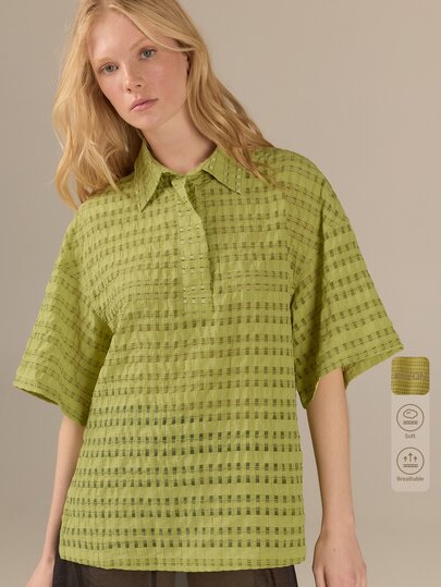 KÆRIA Hus Áo sơ mi dáng hộp phong cách preppy, vải dệt vân, màu xanh lá, phối mảng bên hông, set đôi, mặc hằng ngày, đi làm, hiện đại, đa năng