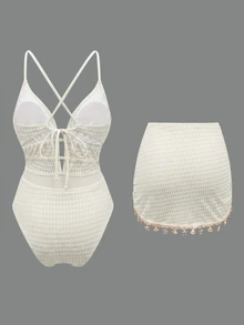 Swim Oasis-D Women's Solid Color Spaghetti Strap Front Shell Chain Decor Two Pieces Swimsuit - Beige - View 2