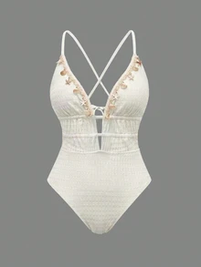 Swim Oasis-D Women's Solid Color Spaghetti Strap Front Shell Chain Decor Two Pieces Swimsuit - Beige - View 4