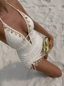Swim Oasis-D Women's Solid Color Spaghetti Strap Front Shell Chain Decor Two Pieces Swimsuit - Beige - View 1