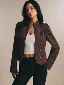 Poéselle Women's Fashionable Elegant Double-Breasted Striped Long Sleeve Jacket Streetwear - Brown - View 6