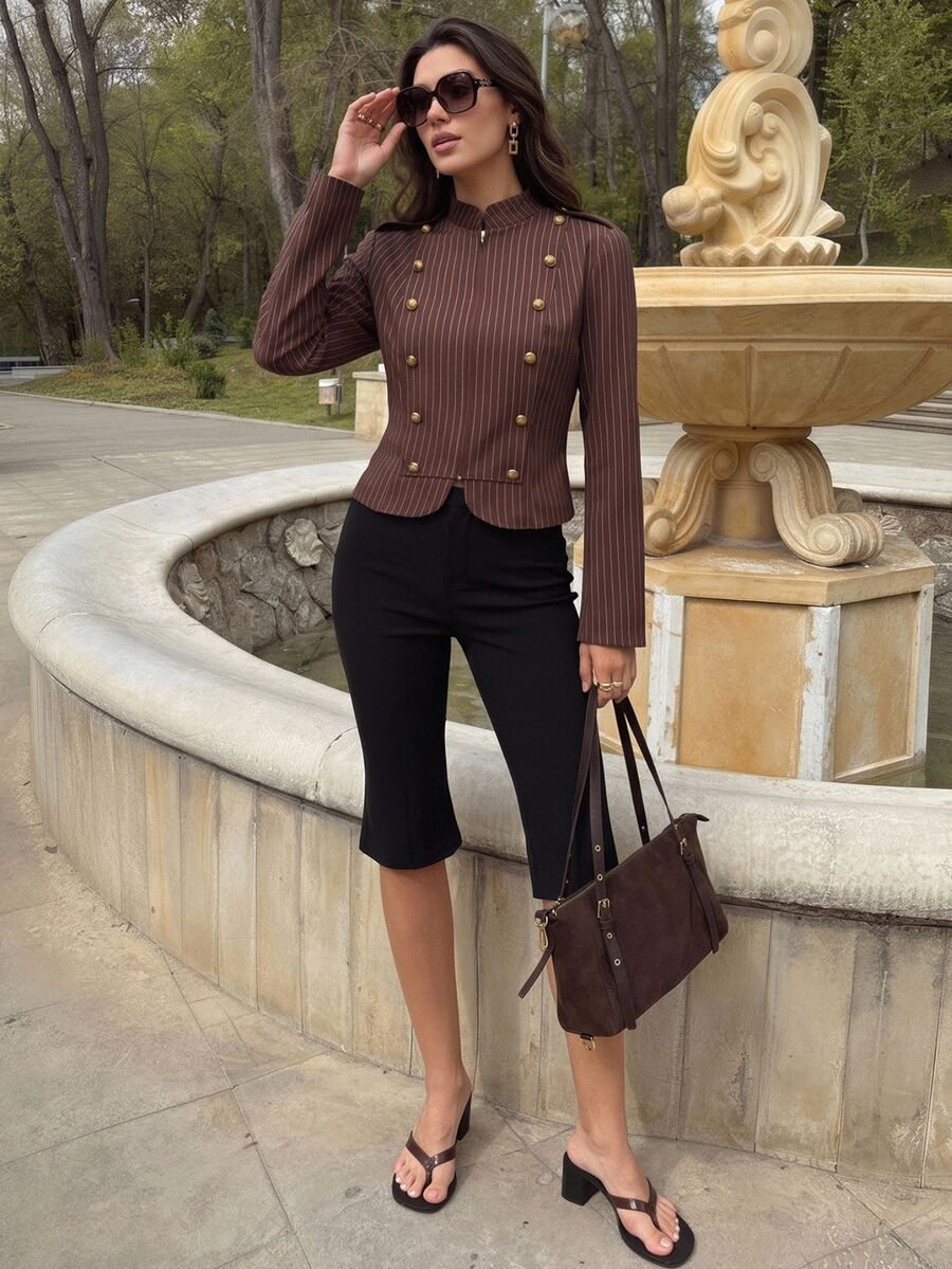 Poéselle Women's Fashionable Elegant Double-Breasted Striped Long Sleeve Jacket Streetwear