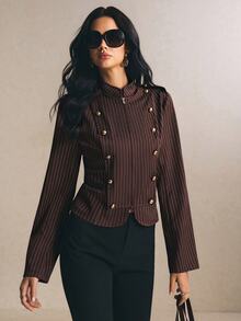 Poéselle Women's Fashionable Elegant Double-Breasted Striped Long Sleeve Jacket Streetwear - Brown - View 4