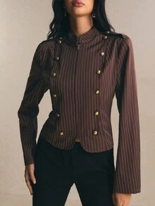 Poéselle Women's Fashionable Elegant Double-Breasted Striped Long Sleeve Jacket Streetwear - Brown - View 8