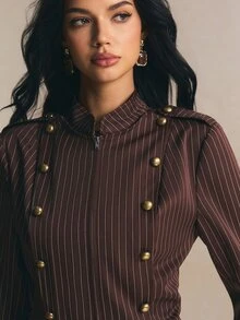 Poéselle Women's Fashionable Elegant Double-Breasted Striped Long Sleeve Jacket Streetwear - Brown - View 5