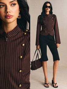 Poéselle Women's Fashionable Elegant Double-Breasted Striped Long Sleeve Jacket Streetwear - Brown - View 7