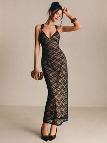 Poéselle 優雅蕾絲露背掛脖領派對洋裝 - 酒紅色 - 查看 5
