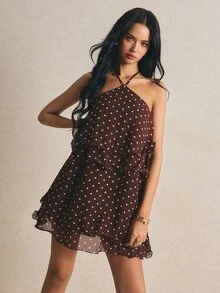 Poéselle 女士波点印花荷叶边吊带迷你连衣裙 - 棕色 - 查看 5