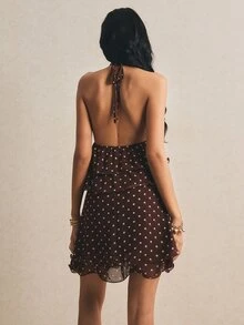 Poéselle 女士波点印花荷叶边吊带迷你连衣裙 - 棕色 - 查看 3