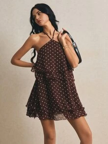 Poéselle 女士波点印花荷叶边吊带迷你连衣裙 - 棕色 - 查看 8
