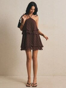 Poéselle 女士波点印花荷叶边吊带迷你连衣裙 - 棕色 - 查看 6