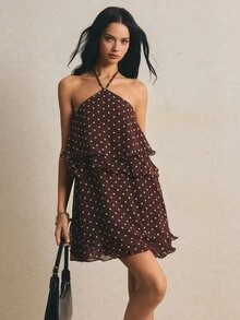 Poéselle 女士波点印花荷叶边吊带迷你连衣裙 - 棕色 - 查看 7