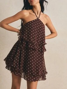 Poéselle 女士波点印花荷叶边吊带迷你连衣裙 - 棕色 - 查看 4