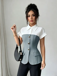 Selianne Summer New Fashion Contrast Color Metal Buckle Lapel Simple Exquisite Versatile Commute Women's Shirt - Grey - View 4