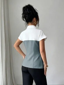 Selianne Summer New Fashion Contrast Color Metal Buckle Lapel Simple Exquisite Versatile Commute Women's Shirt - Grey - View 3