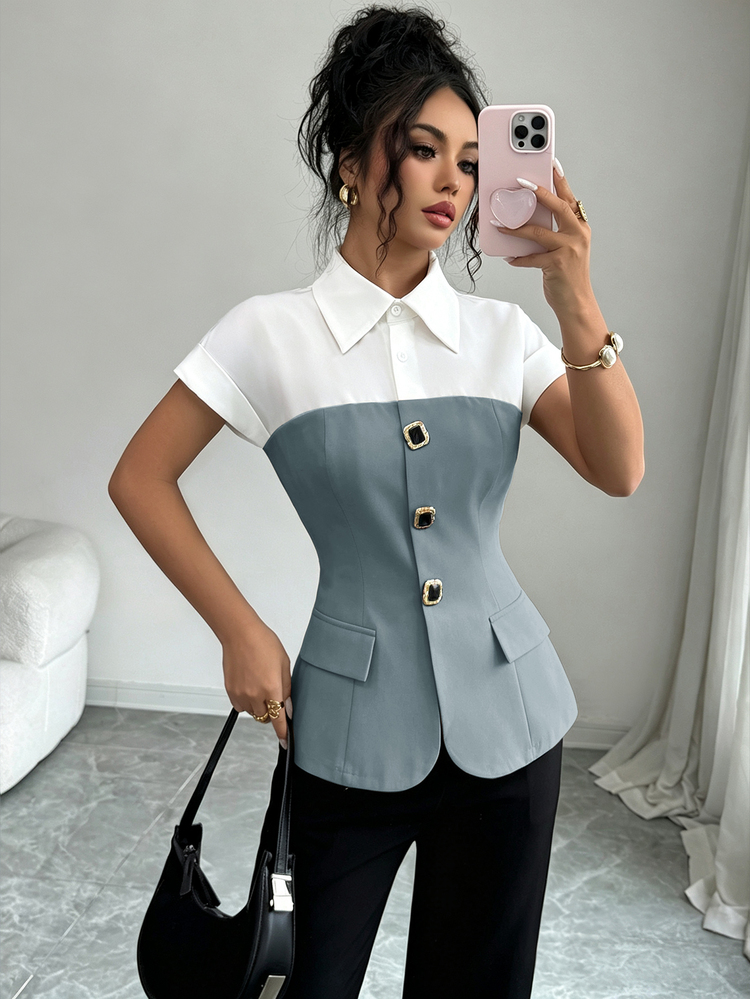 Selianne Summer New Fashion Contrast Color Metal Buckle Lapel Simple Exquisite Versatile Commute Women's Shirt - Grey - View 1