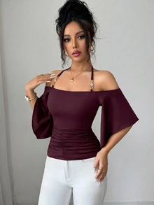 SHEIN Elenzya 女款純色細肩帶背心 T-shirt，掛脖短袖簡約優雅性感修身抓皺上衣，適合夏季夜晚、音樂節 - 紫色 - 查看 4