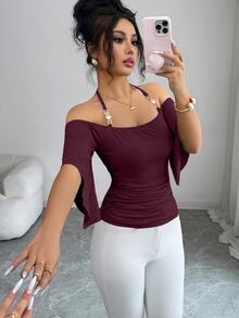 SHEIN Elenzya 女款純色細肩帶背心 T-shirt，掛脖短袖簡約優雅性感修身抓皺上衣，適合夏季夜晚、音樂節 - 紫色 - 查看 3
