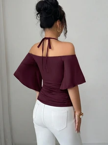 SHEIN Elenzya 女款純色細肩帶背心 T-shirt，掛脖短袖簡約優雅性感修身抓皺上衣，適合夏季夜晚、音樂節 - 紫色 - 查看 2