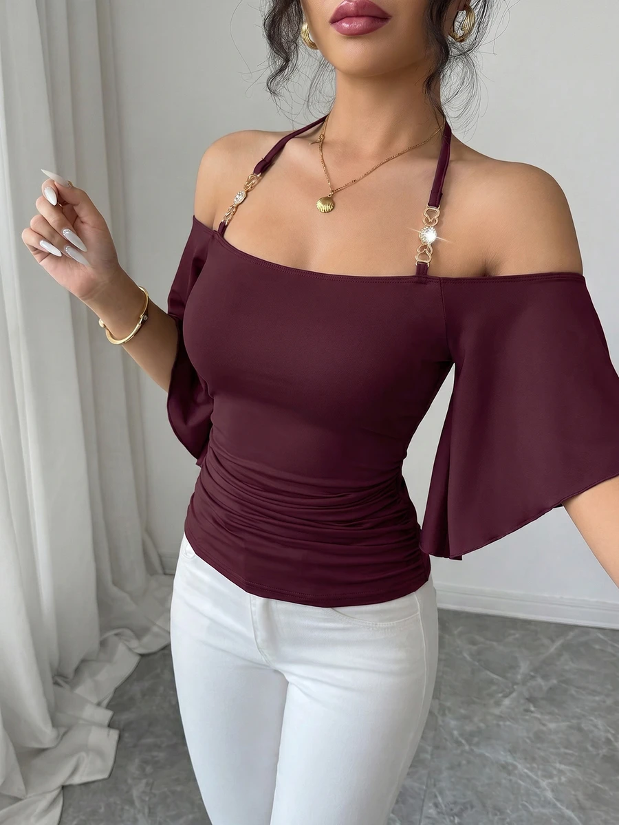 SHEIN Elenzya 女款純色細肩帶背心 T-shirt,掛脖短袖簡約優雅性感修身抓皺上衣,適合夏季夜晚、音樂節 - 紫色 - 查看 1