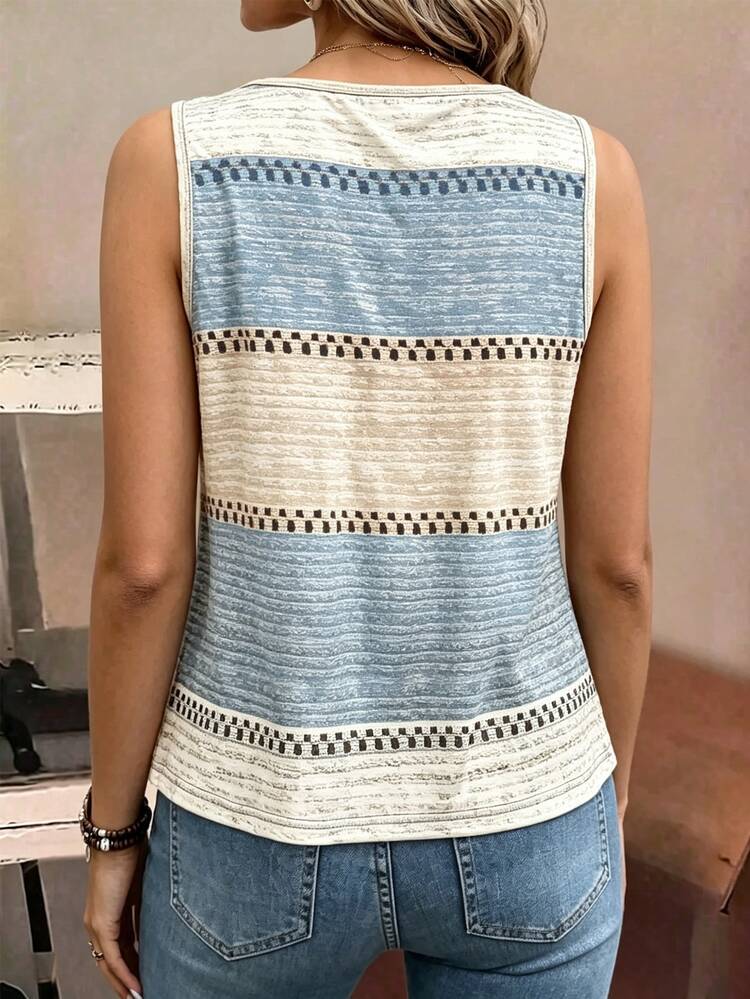 Selianne Women's Casual Boho Vacation Blue Striped Contrast Print T-Shirt Tank Top Summer, Party Brunch, Date, Wedding Season, Business Elegant, Christmas - Apricot - View 2