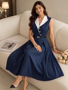 GlowEve 女士藏蓝色条纹撞色领腰A字连衣裙，魅力优雅日常通勤度假时尚约会法式街头复古百搭春夏新款藏蓝色长款无袖衬衫裙 - 彩色 - 查看 3
