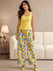 GlowEve Women's 2 Pieces Outfit, Yellow Square Neck Ribbed Tank Top & Lemon Print Wide Leg Pants, Button Decor, Casual Summer Vacation Set,Boho Beach Daily Outfit - Multicolor - View 3