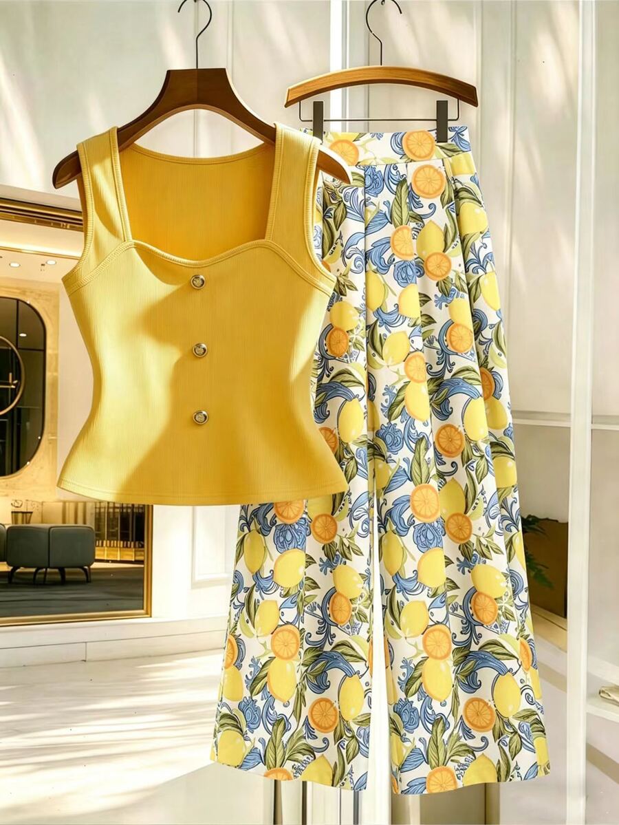 GlowEve Women's 2 Pieces Outfit, Yellow Square Neck Ribbed Tank Top & Lemon Print Wide Leg Pants, Button Decor, Casual Summer Vacation Set,Boho Beach Daily Outfit - Multicolor - View 1