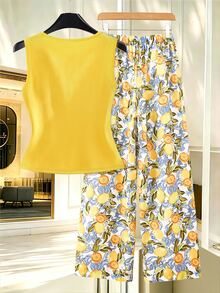 GlowEve Women's 2 Pieces Outfit, Yellow Square Neck Ribbed Tank Top & Lemon Print Wide Leg Pants, Button Decor, Casual Summer Vacation Set,Boho Beach Daily Outfit - Multicolor - View 2