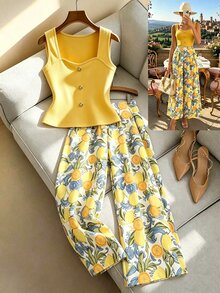 GlowEve Women's 2 Pieces Outfit, Yellow Square Neck Ribbed Tank Top & Lemon Print Wide Leg Pants, Button Decor, Casual Summer Vacation Set,Boho Beach Daily Outfit - Multicolor - View 9