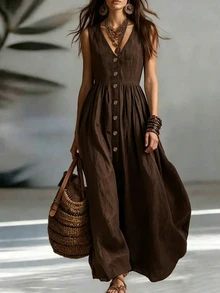 Everyssa V Neck Solid Color Sleeveless Dress Women Button Design Elegant Casual Vacation Daily Dress - Brown - View 1