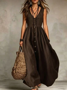 Everyssa V Neck Solid Color Sleeveless Dress Women Button Design Elegant Casual Vacation Daily Dress - Brown - View 6