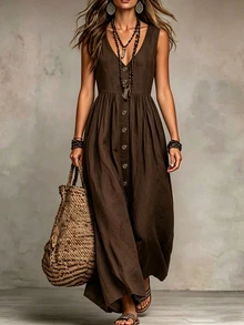 Everyssa V Neck Solid Color Sleeveless Dress Women Button Design Elegant Casual Vacation Daily Dress - Brown - View 3