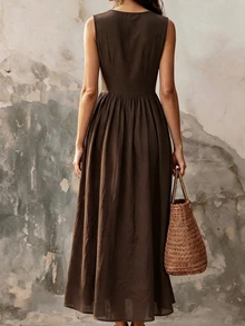 Everyssa V Neck Solid Color Sleeveless Dress Women Button Design Elegant Casual Vacation Daily Dress - Brown - View 2