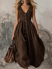 Everyssa V Neck Solid Color Sleeveless Dress Women Button Design Elegant Casual Vacation Daily Dress - Brown - View 4
