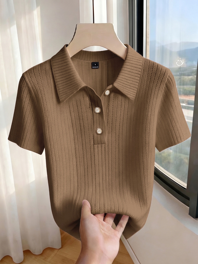 valorelle valorelle 女士高弹白色针织罗纹 Polo 领珍珠纽扣装饰 T 恤，短袖 T 恤，翻领罗纹 T 恤，白色针织 T 恤，女士 Polo 衫，适合日常通勤、优雅派对和休闲家居服，春夏百搭